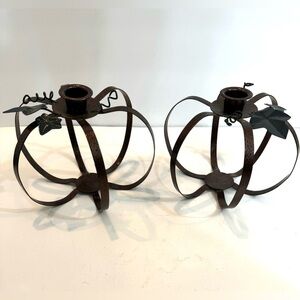 Set of 2 Pumpkin Metal Candle Holders Home Decor Fall Taper Copper 5x7"